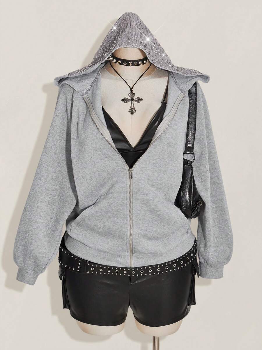 SHEIN ICON 大码女式长袖拉链亮片休闲卫衣/冬季 - 灰色 - 查看 1