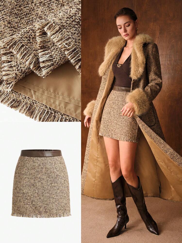 TWO-TONE YARN CONTRAST PU RAW HEM COMMUTER SKIRT