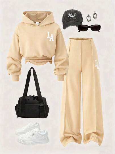 Bộ 2 món áo hoodie và quần dài in họa tiết chữ trơn màu phía trước thường ngày cho bé gái