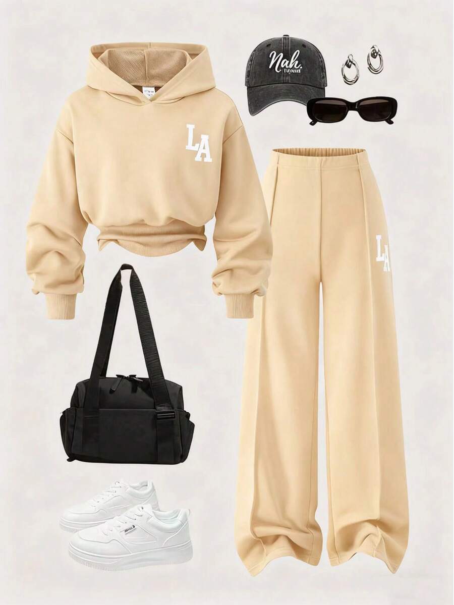 Girls Casual Knit Solid Color Front Graphic Letter Print Drop Shoulder Drawstring Hoodie Top & Pants 2 Piece Set - Khaki - View 1