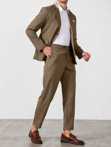 Manfinity Mode Men's Solid Color Patchwork Button Front Long Sleeve Jacket And Pants Set, Men's Solid Color Relaxed Lapel Blazer And Bias Pocket Pants Set - Brown - View 8