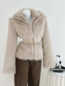 Elamini Brown Faux Fur Patchwork Waist Design Slim Fit Stand Collar Zip-Up Long Sleeve Women Jacket - Khaki - View 5