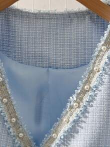 GlowEve CURVE Plus Size Women's 2-Piece Set: Elegant Black Contrast Pearl Beaded Trim V-Neck Long Sleeve Cardigan Jacket And Round Neck Pearl Embellished Maxi Dress, Suitable For Autumn/Winter Casual, Work, And Gatherings