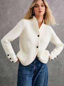 Poéselle 女式纯色长袖单排扣立领休闲开衫，秋冬 - 米色 - 查看 1