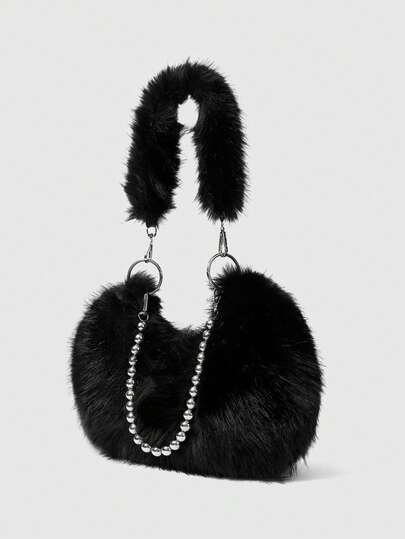 Grunge Punk Fashionable Faux Fur Handheld Chain Shoulder Solid Color Women's Bag