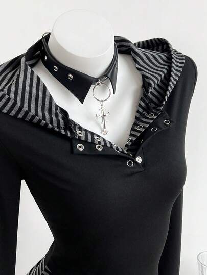 Elamini 女士休闲条纹修身金属扣装饰连帽长袖T恤，秋季款