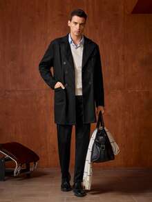 Officeau 男士黑色双排扣羊毛大衣，INS风格，适合秋冬季休闲、商务、通勤等场合，尽显老钱风范。 - 黑色 - 查看 6