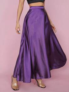 SHEIN PETITE High Waist Solid Flared Party Women Skirt