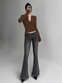 DAZY 女士半拉链长袖修身T恤 - 棕色 - 查看 4