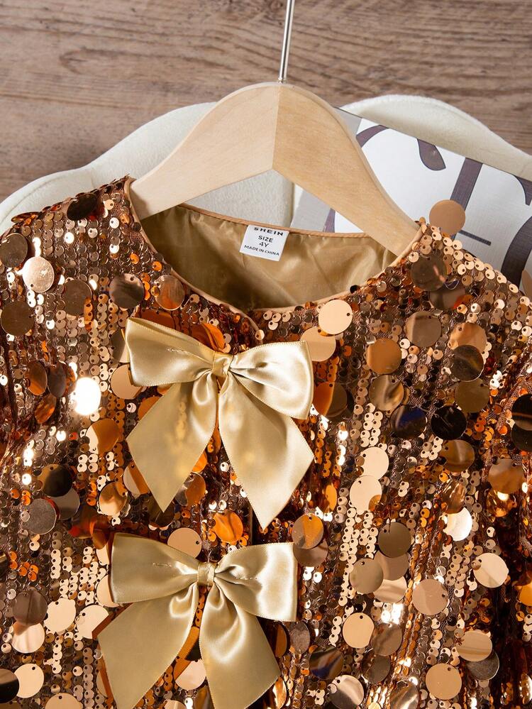 Elladie kids جاكيت أنيقة للفتيات مزينة بالفيونكة والترتر ذات رقبة دائرية وأكمام طويلة - الذهبي - مشاهدة 4