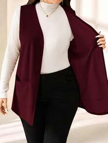 SHEIN PETITE CURVE Plus Size Solid Color Sleeveless Loose Pocket Simple Casual Coat,Spring/Summer,Vacation In Fall/Winter - Burgundy - View 7