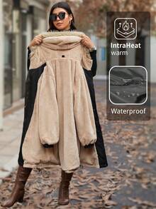 Calvaya Plus Size Drawstring Waist Fluffy Collar Hooded Parka Jacket, For Thanksgiving, Winter Clothes - Black - View 8