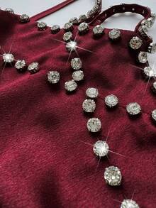 Maweii Đầm dự tiệc mùa xuân/thu cỡ lớn dành cho nữ, đầm dự đám cưới, dây mảnh không gọng, chất liệu satin sang trọng, đính đá lấp lánh, màu đỏ bóng. - Màu Đỏ Sâu - Xem 8