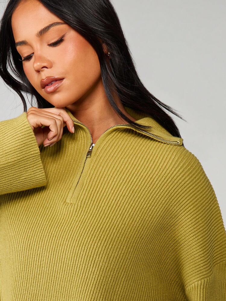 MISSGUIDED Oversized Quarter Zip Ribbed Knit Pullover Sweater With Collared Neckline For Autumn Winter