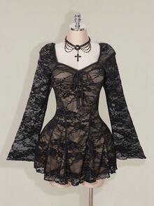 SHEIN ICON 大码女式黑色蕾丝迷你连衣裙 - 黑色 - 查看 3