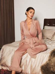 Slumberist 女士网纱拼接缎面睡衣套装，秋季服装，舒适优雅细节，冬季 - 駝色 - 查看 5