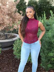 Steph T Top corto con cuello alto, adornado con cristales, para fiestas, clubes y eventos nocturnos. Camiseta de tirantes con brillos y malla, elegante y glamurosa para baile y ocasiones especiales