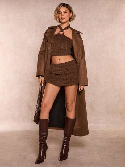 SHEIN Glamour Christmas Plush Fabric Circular Decor Women Winter Halter Vest + Mini Skirt Set