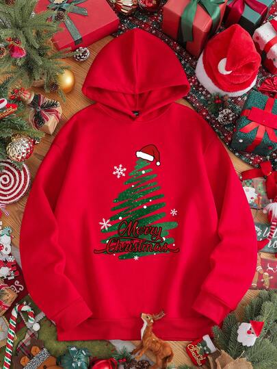 Manfinity Joysei 标准版型男士复古红色圣诞树图案保暖连帽卫衣，适合情侣约会、家庭聚会、送给男友/老公的红色印花连帽衫，秋冬季款