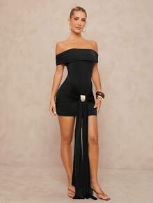 Lumalex 金属装饰露肩褶皱荷叶边修身迷你连衣裙 - 黑色 - 查看 6