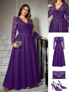 Ellevyn Vestido elegante de manga larga con cuello en V, encaje de contraste y pliegues para mujer de talla grande