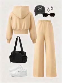 Girls Casual Knit Solid Color Front Graphic Letter Print Drop Shoulder Drawstring Hoodie Top & Pants 2 Piece Set - Khaki - View 2
