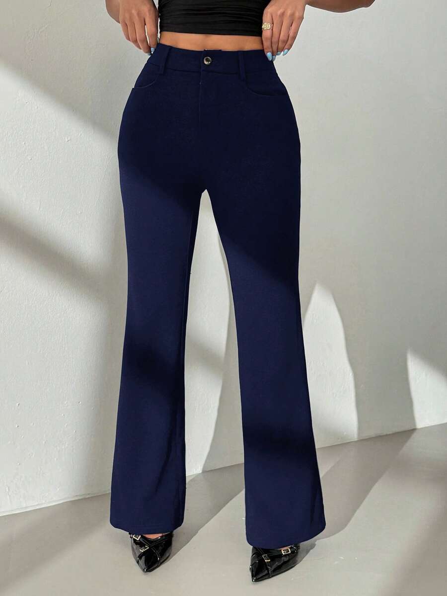 SHEIN PETITE Quần ống loe cạp cao màu trơn dành cho nữ, thích hợp mặc đi làm hàng ngày - Màu xanh hải quân - Xem 1