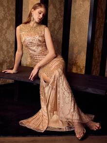 MOTF Soiréza ELEGANT SLEEVELESS STAND COLLAR MERMAID FLOOR-LENGTH EVENING GOWN – SIDE SLIT FISH TAIL WITH SPARKLY BEADED FABRIC & FAUX PEARL ACCENTS, FITTED SILHOUETTE FOR FORMAL PARTIES & SPECIAL OCCASIONS FOR WOMEN - Khaki - View 2