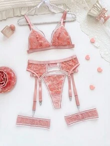 SHEIN 4 件套女士性感内衣套装，包括花卉蕾丝刺绣文胸、内裤、吊袜带、腿环，甜美可爱 - 珊瑚粉 - 查看 4