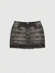 ROMWE Grunge Punk Y2K做旧褪色多层毛边拼接牛仔大码迷你裙，秋冬大码牛仔A字裙 - 灰色 - 查看 1