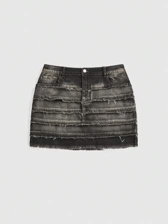 Grunge Punk Jupe mini en jean délavé et déchiré à plusieurs couches, style patchwork, grande taille, Jupe en jean évasée grande taille pour l'automne/hiver