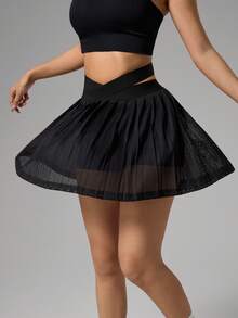 CourtClass Quần váy thể thao màu trơn đơn giản xếp ly cho nữ, váy lưới, váy tập gym, váy xếp ly màu đen, váy khiêu vũ ngắn cho nữ, váy tập gym, váy ngắn cho nữ, váy tập gym - màu đen - Xem 5
