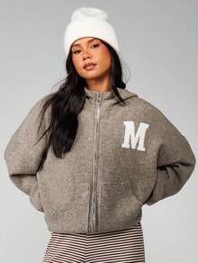 MISSGUIDED Knitted Zip Through Varsity Hoodie With Letter Applique Detail Winter Casual Outerwear - Khaki - View 1