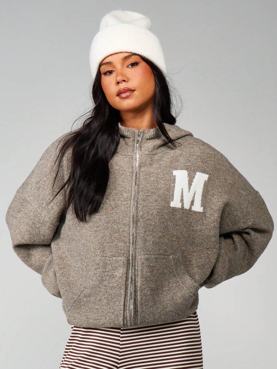 MISSGUIDED Knitted Zip Through Varsity Hoodie With Letter Applique Detail Winter Casual Outerwear - Khaki - View 1