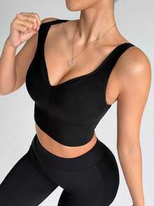 Dewbera 女士无缝黑色罗纹不可拆卸衬垫运动文胸，长款，适合秋冬季穿着 - 黑色 - 查看 7