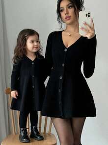 SHEIN Baby Girl Solid Color Striped Cardigan Dress - Black - View 5