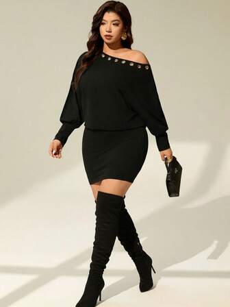 Auralis Plus Size Women's Solid Color Keyhole Design Batwing Sleeve Casual Fashion Dress Plus Size Dresses Plus Size Winter Dresses Black Plus Size Dress Off The Shoulder Plus Size Dress/Black Off-Shoulder Dress With Eyelets, Waist And Hip Y2K Plus Size Black Dress/Sexy And Elegant For Music Festival Parties, Everyday Dress For INS