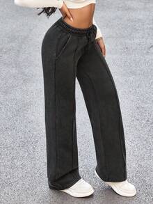 Flexra Damen-Jeans mit Kordelzug am Bund, Taschen, geradem Schnitt und lockerer Passform - Schwarz - Übersicht 4