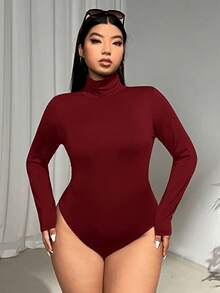 SHEIN EZwear 大码女式酒红色高领连体衣 - 酒紅色 - 查看 5