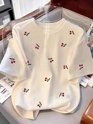 Resyla Camiseta de mujer de manga corta para el verano, cuello redondo, diseño de estampado de cerezas dulces, estilo estudiantil, ajuste simple y versátil, adecuada para uso diario, al aire libre, viajes, cómoda, esencial de moda