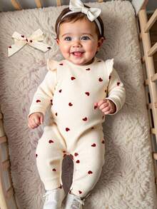 SHEIN Valentine's Day Newborn Baby Heart Print Romper, Cozy Knitted Casual Jumpsuit With Headband Included Fall Winter