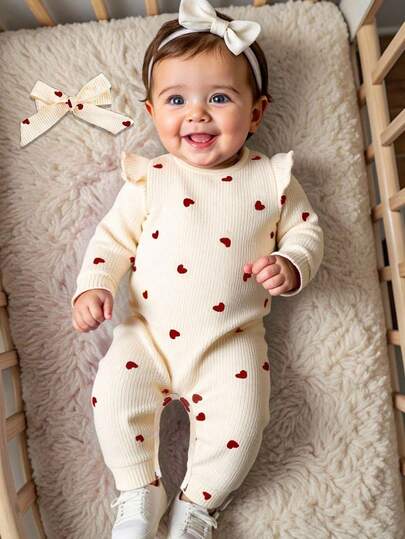 SHEIN Valentine's Day Newborn Baby Heart Print Jumpsuit, Cozy Knitted Casual Jumpsuit With Headband Included Fall Winter