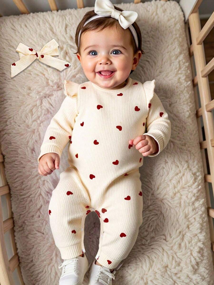 SHEIN Valentine's Day Newborn Baby Heart Print Romper, Cozy Knitted Casual Jumpsuit With Headband Included Fall Winter