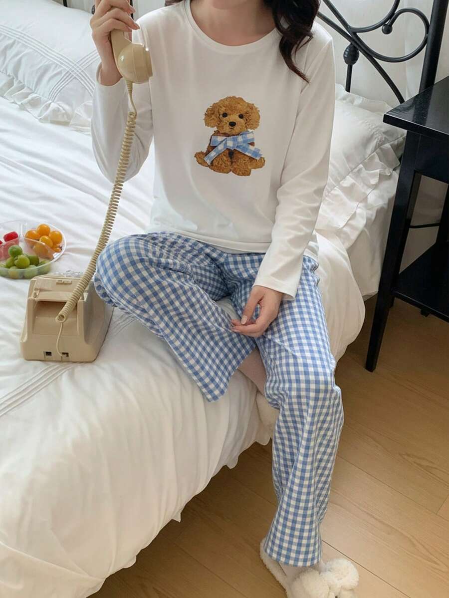 少女两件套睡衣，可爱卡通蝴蝶小狗印花上衣搭配蓝白格纹长裤，时尚休闲长袖家居服，适合春季、秋季及所有季节穿着。 - 藍白色 - 查看 1