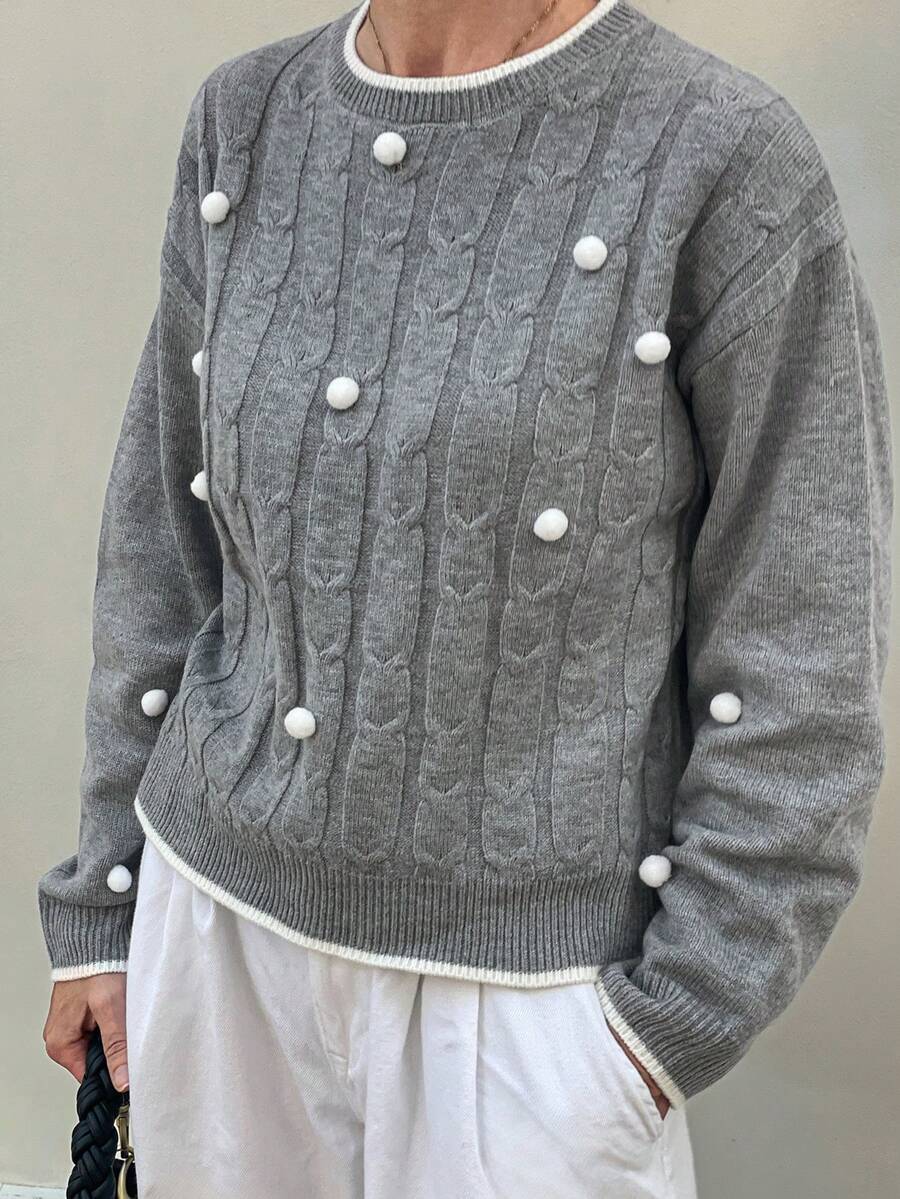Vivie Lora Suéter de mujer con cuello redondo, parches y bolas de pelo en contraste de color - Gris - Ver 1
