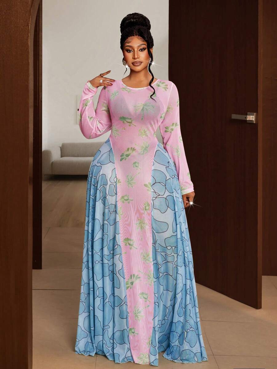 Maweii Váy BamGleam cỡ lớn thời trang mới in lưới ôm vừa vặn với phần xẻ tà lớn, thích hợp cho kỳ nghỉ, tiệc tùng và đám cưới, vải mùa thu dành cho nữ - Nhiều màu - Xem 1