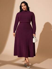 Hourglow Plus Size Elegant Solid Color Knit Midi Dress, Suitable For Commuting, Autumn/Winter, For Hourglass Body Shape - Burgundy - View 5