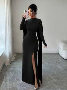 Elenzga Satin Ribbon Back Hollow Pearl Multi-Layer Chain Embellished Long Sleeve Cinched Waist Mermaid Slit Knit Dress, Stretchy Bodycon Party Holiday French Elegant Sexy, Red - Black - View 3