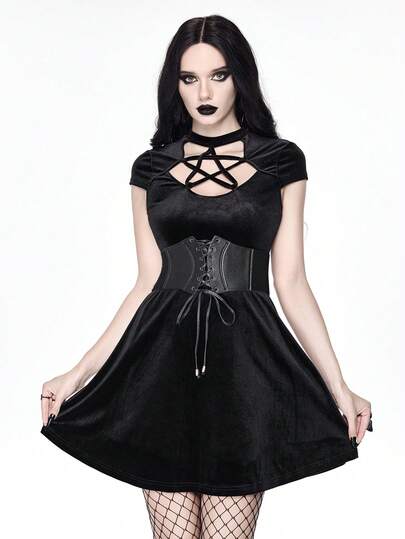 Gothic Hollow Out Pentagram Front Velvet Dress