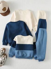 Cozy Pixies 6pcs Baby Boy Contrast Color Knit Soft Crew Neck Long Sleeve Pullover Sweatshirt & Elastic Waist Pants Set - Blue - View 2